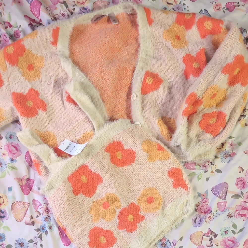 Floral Knit Cardigan and Bag Set - Cream and Orange